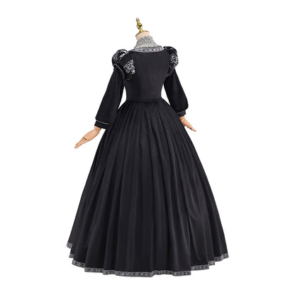 Victorian Black Ornate White Embroidered Ball Gown for Historical Reenactments Victorian Themed Events Halloween and Christmas Celebrations