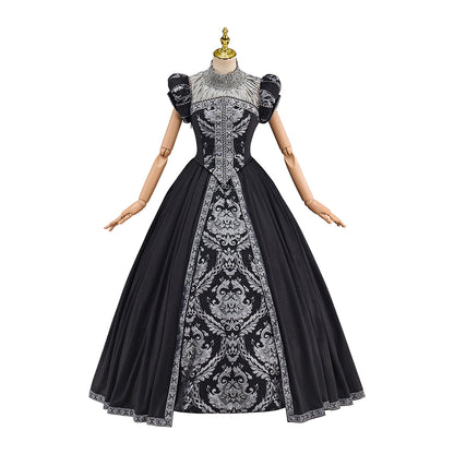 Victorian Black Ornate White Embroidered Ball Gown for Historical Reenactments Victorian Themed Events Halloween and Christmas Celebrations