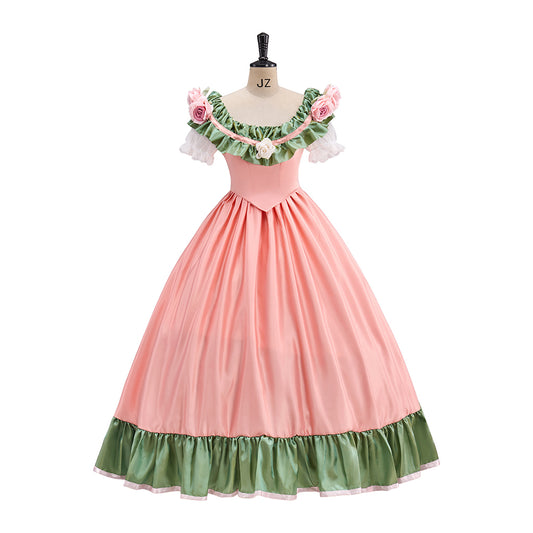 Victorian Pink Square Neck Green Floral Embellished Shoulders Green Trimmed Hem Ball Gown for Historical Reenactments Halloween and Christmas