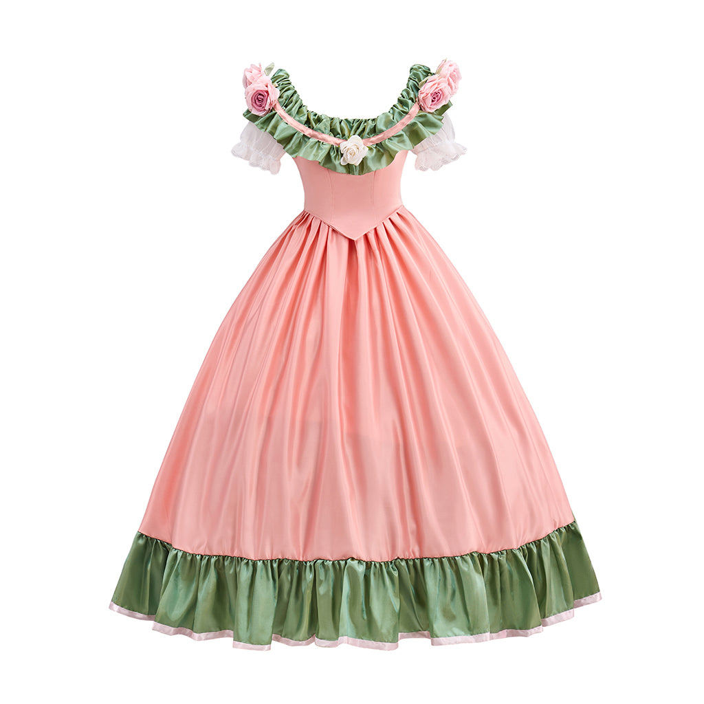 Victorian Pink Square Neck Green Floral Embellished Shoulders Green Trimmed Hem Ball Gown for Historical Reenactments Halloween and Christmas
