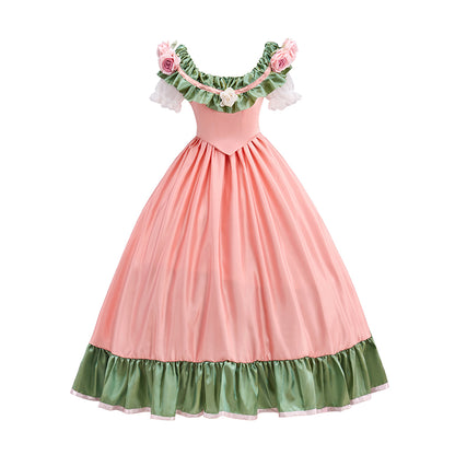 Victorian Pink Square Neck Green Floral Embellished Shoulders Green Trimmed Hem Ball Gown for Historical Reenactments Halloween and Christmas