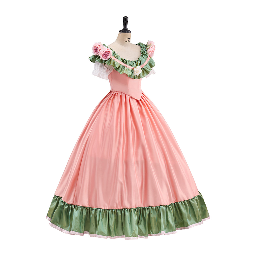 Victorian Pink Square Neck Green Floral Embellished Shoulders Green Trimmed Hem Ball Gown for Historical Reenactments Halloween and Christmas