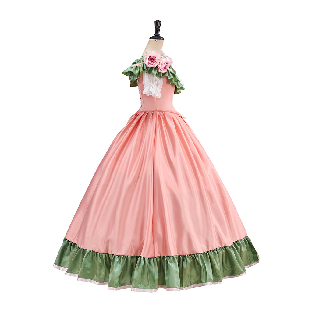 Victorian Pink Square Neck Green Floral Embellished Shoulders Green Trimmed Hem Ball Gown for Historical Reenactments Halloween and Christmas