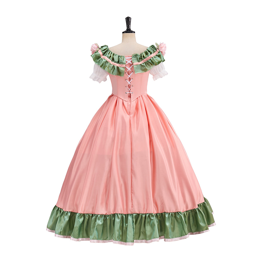 Victorian Pink Square Neck Green Floral Embellished Shoulders Green Trimmed Hem Ball Gown for Historical Reenactments Halloween and Christmas