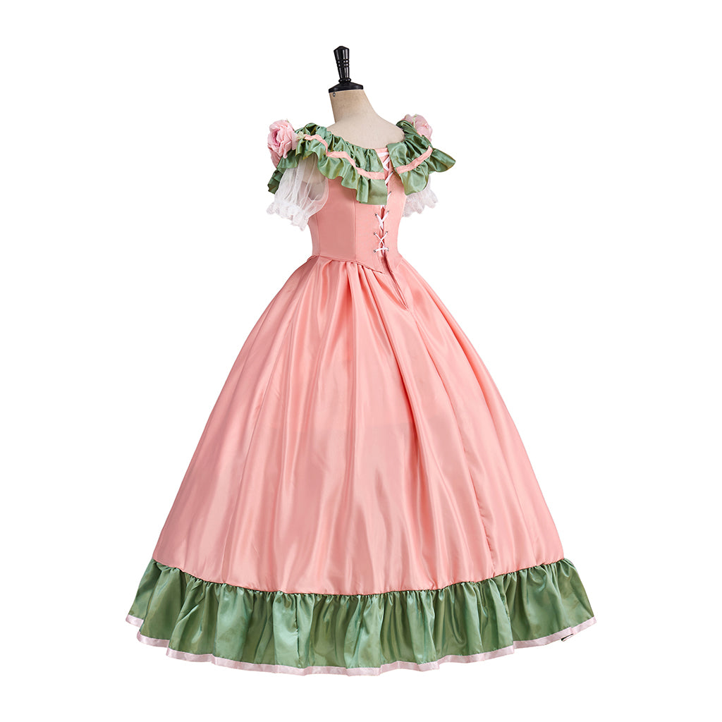 Victorian Pink Square Neck Green Floral Embellished Shoulders Green Trimmed Hem Ball Gown for Historical Reenactments Halloween and Christmas