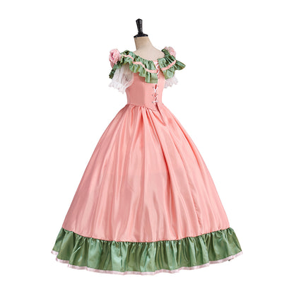 Victorian Pink Square Neck Green Floral Embellished Shoulders Green Trimmed Hem Ball Gown for Historical Reenactments Halloween and Christmas