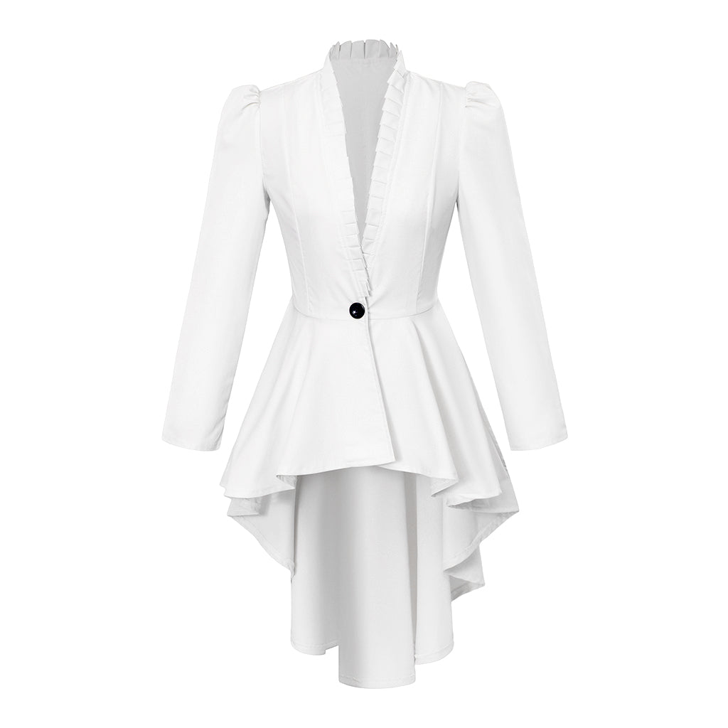 Medieval Style White Structured Jacket with Notched Collar Single Button Peplum Asymmetric Hem for Historical Reenactments Cosplay Events