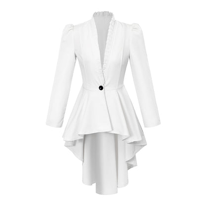 Medieval Style White Structured Jacket with Notched Collar Single Button Peplum Asymmetric Hem for Historical Reenactments Cosplay Events