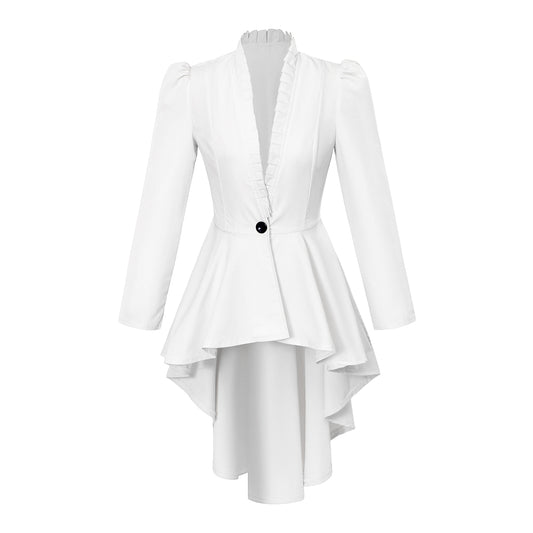 Medieval Style White Structured Jacket with Notched Collar Single Button Peplum Asymmetric Hem for Historical Reenactments Cosplay Events