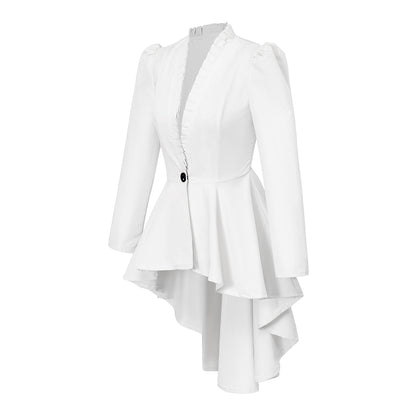 Medieval Style White Structured Jacket with Notched Collar Single Button Peplum Asymmetric Hem for Historical Reenactments Cosplay Events