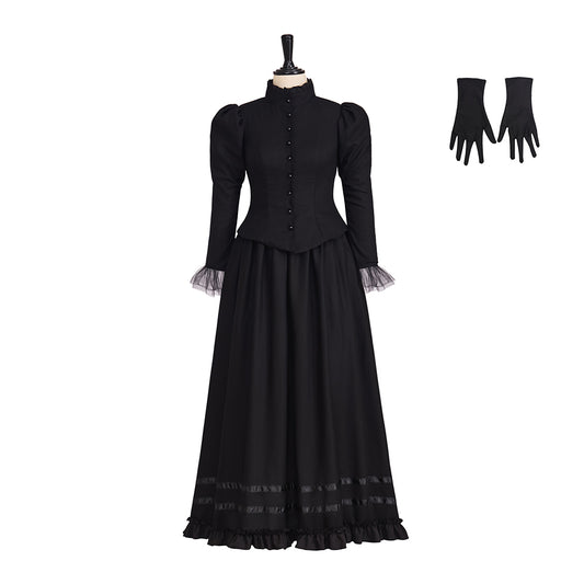 Medieval Style High necked Long sleeved Black Gown for Historical Reenactments Cosplay Events Medieval Themed Gatherings Halloween Christmas
