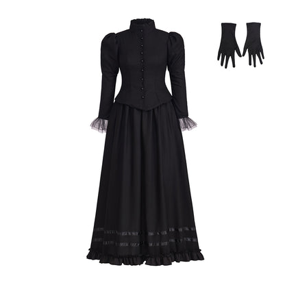 Medieval Style High necked Long sleeved Black Gown for Historical Reenactments Cosplay Events Medieval Themed Gatherings Halloween Christmas