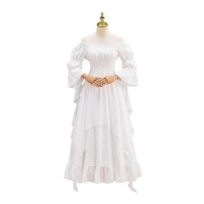 Victorian White Puff Sleeve Corset Waist Tiered Gown for Historical Reenactments Halloween and Christmas Celebrations