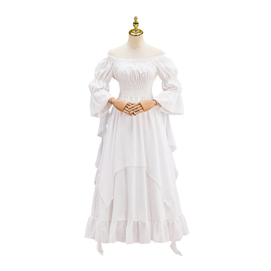 Victorian White Puff Sleeve Corset Waist Tiered Gown for Historical Reenactments Halloween and Christmas Celebrations