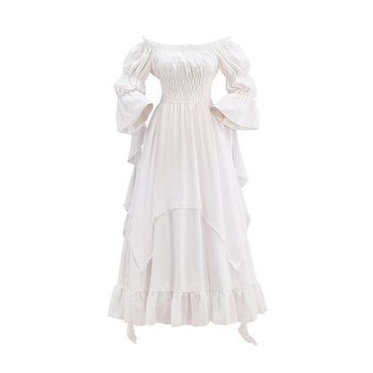 Victorian White Puff Sleeve Corset Waist Tiered Gown for Historical Reenactments Halloween and Christmas Celebrations