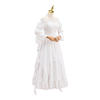 Victorian White Puff Sleeve Corset Waist Tiered Gown for Historical Reenactments Halloween and Christmas Celebrations