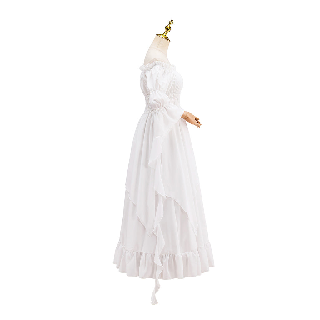 Victorian White Puff Sleeve Corset Waist Tiered Gown for Historical Reenactments Halloween and Christmas Celebrations