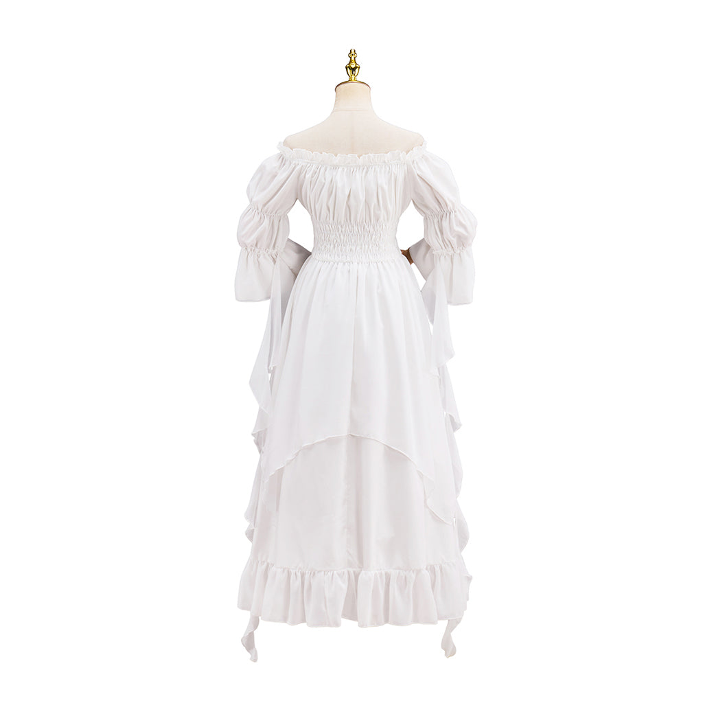 Victorian White Puff Sleeve Corset Waist Tiered Gown for Historical Reenactments Halloween and Christmas Celebrations