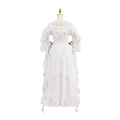 Victorian White Puff Sleeve Corset Waist Tiered Gown for Historical Reenactments Halloween and Christmas Celebrations