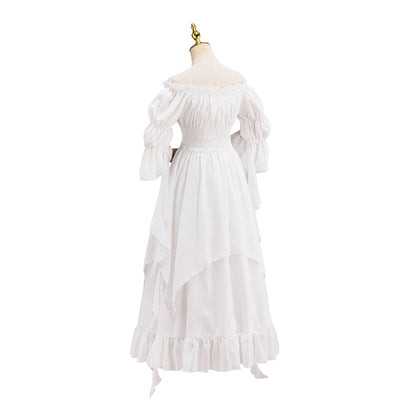 Victorian White Puff Sleeve Corset Waist Tiered Gown for Historical Reenactments Halloween and Christmas Celebrations