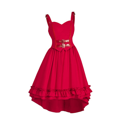Medieval Style Red Spaghetti - Strapped High Low Dress Belted Waist for Historical Reenactments Medieval Themed Gatherings Halloween Christmas