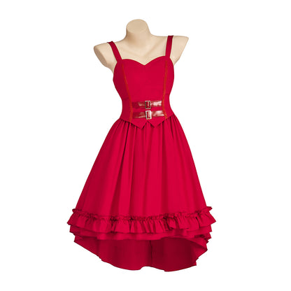 Medieval Style Red Spaghetti - Strapped High Low Dress Belted Waist for Historical Reenactments Medieval Themed Gatherings Halloween Christmas