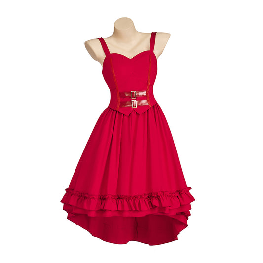 Medieval Style Red Spaghetti - Strapped High Low Dress Belted Waist for Historical Reenactments Medieval Themed Gatherings Halloween Christmas