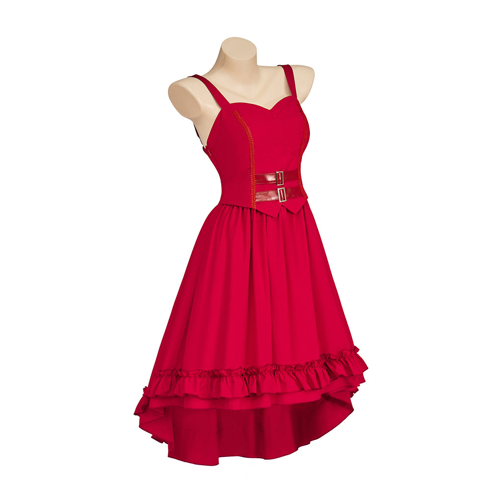Medieval Style Red Spaghetti - Strapped High Low Dress Belted Waist for Historical Reenactments Medieval Themed Gatherings Halloween Christmas