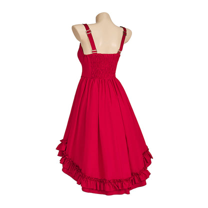 Medieval Style Red Spaghetti - Strapped High Low Dress Belted Waist for Historical Reenactments Medieval Themed Gatherings Halloween Christmas