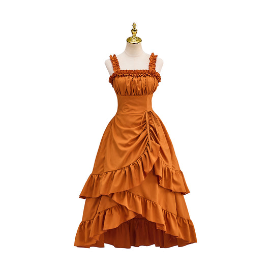 Victorian Orange Bodice Tiered Ruffled Maxi Dress for Historical Reenactments Victorian Themed Events Costume Parties Halloween and Christmas