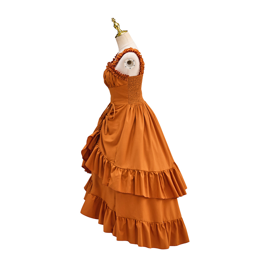 Victorian Orange Bodice Tiered Ruffled Maxi Dress for Historical Reenactments Victorian Themed Events Costume Parties Halloween and Christmas