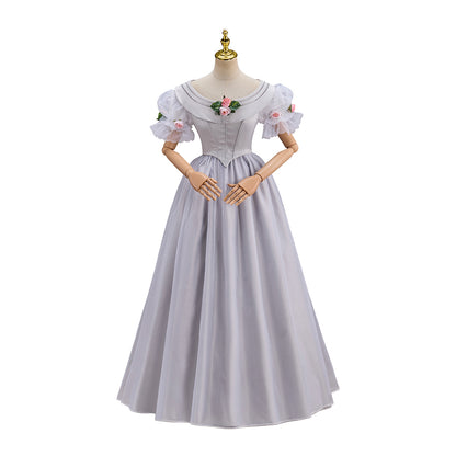 Regency Light Gray Square Neck Puff Sleeve Maxi Gown for Historical Reenactments Regency Themed Events Costume Parties Halloween and Christmas