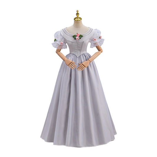 Regency Light Gray Square Neck Puff Sleeve Maxi Gown for Historical Reenactments Regency Themed Events Costume Parties Halloween and Christmas