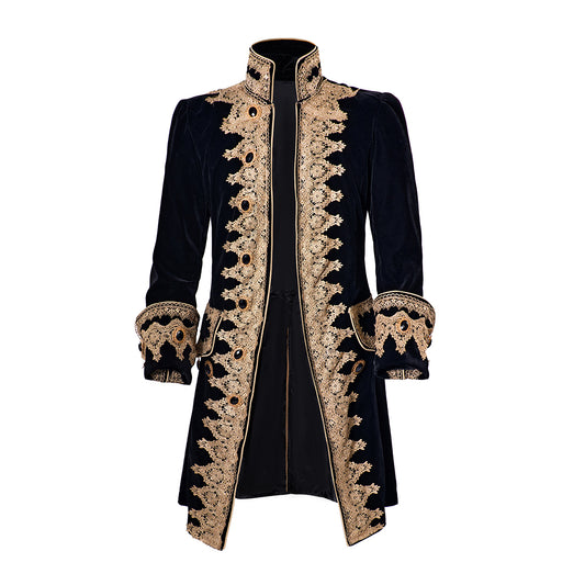 Medieval Regal Black Long Coat with Elaborate Gold Trim Detailing for Historical Reenactments Cosplay Events Halloween Christmas