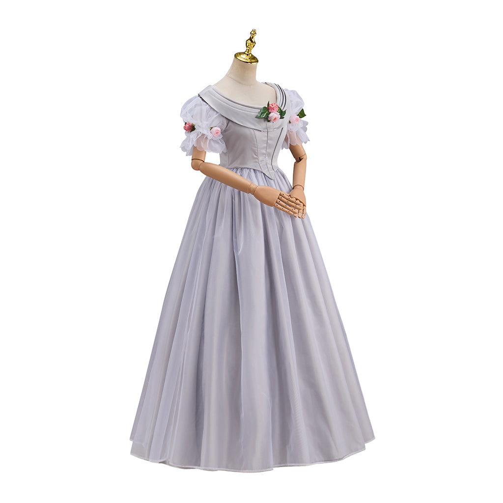 Regency Light Gray Square Neck Puff Sleeve Maxi Gown for Historical Reenactments Regency Themed Events Costume Parties Halloween and Christmas