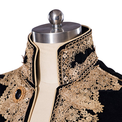 Medieval Regal Black Long Coat with Elaborate Gold Trim Detailing for Historical Reenactments Cosplay Events Halloween Christmas
