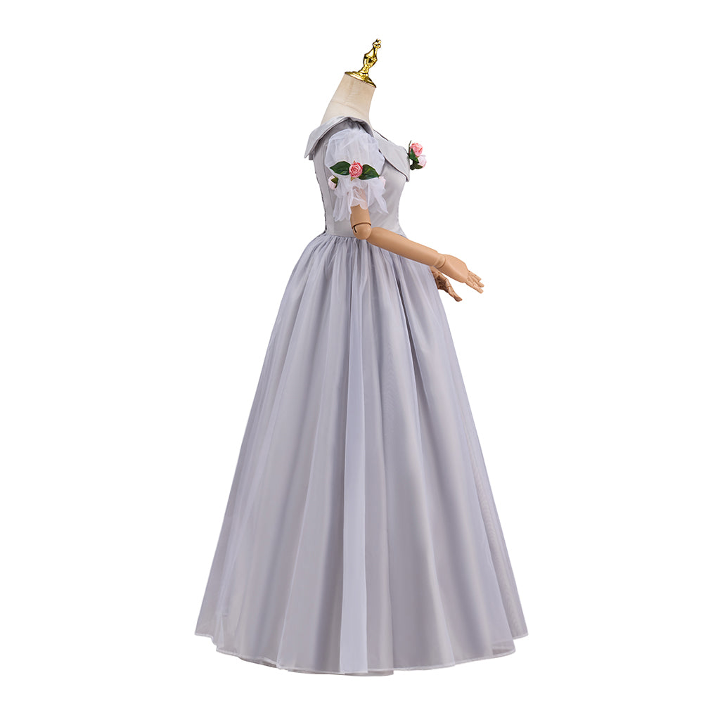 Regency Light Gray Square Neck Puff Sleeve Maxi Gown for Historical Reenactments Regency Themed Events Costume Parties Halloween and Christmas