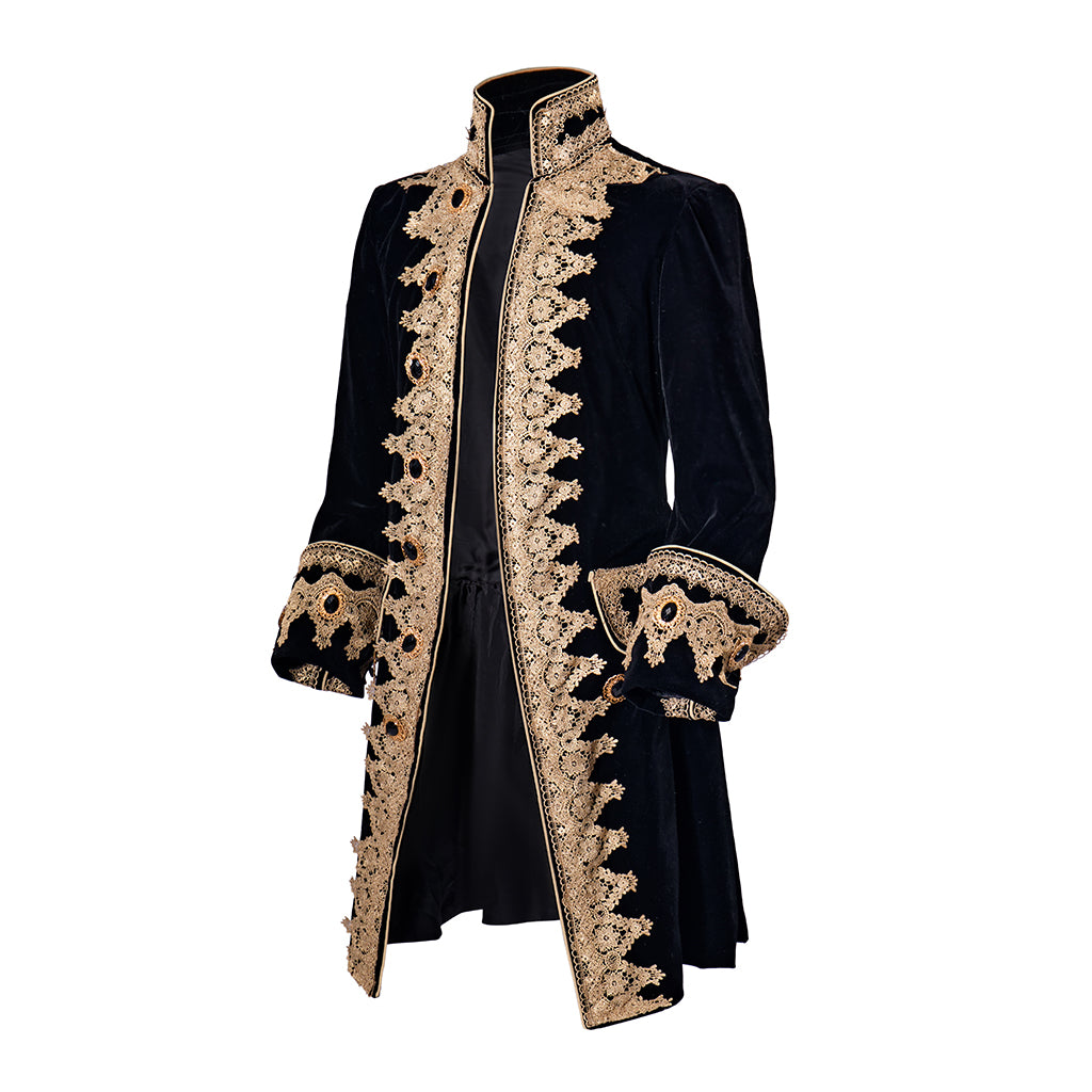 Medieval Regal Black Long Coat with Elaborate Gold Trim Detailing for Historical Reenactments Cosplay Events Halloween Christmas
