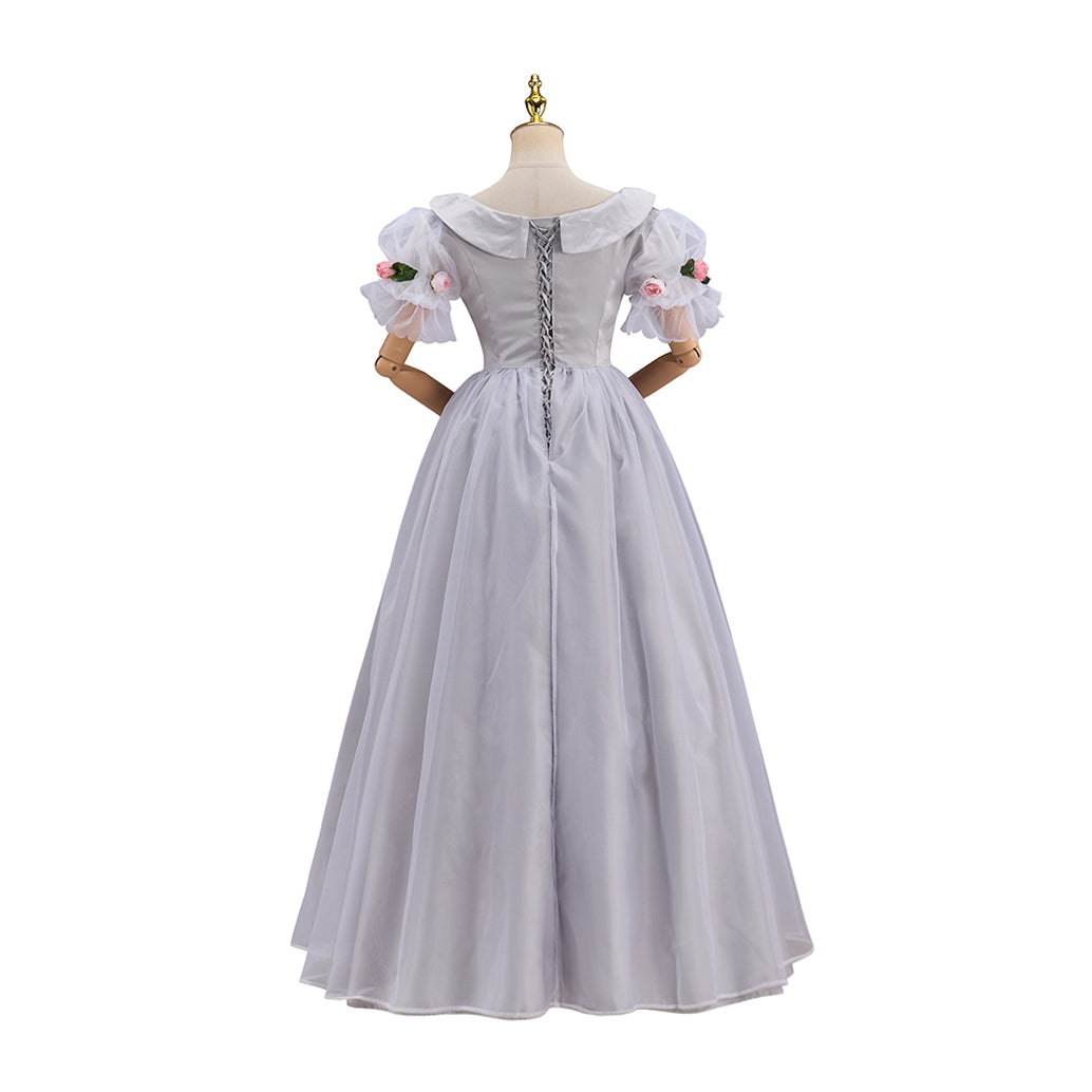 Regency Light Gray Square Neck Puff Sleeve Maxi Gown for Historical Reenactments Regency Themed Events Costume Parties Halloween and Christmas