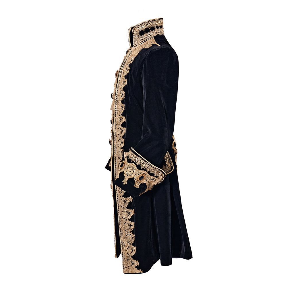 Medieval Regal Black Long Coat with Elaborate Gold Trim Detailing for Historical Reenactments Cosplay Events Halloween Christmas