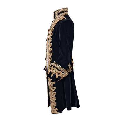 Medieval Regal Black Long Coat with Elaborate Gold Trim Detailing for Historical Reenactments Cosplay Events Halloween Christmas
