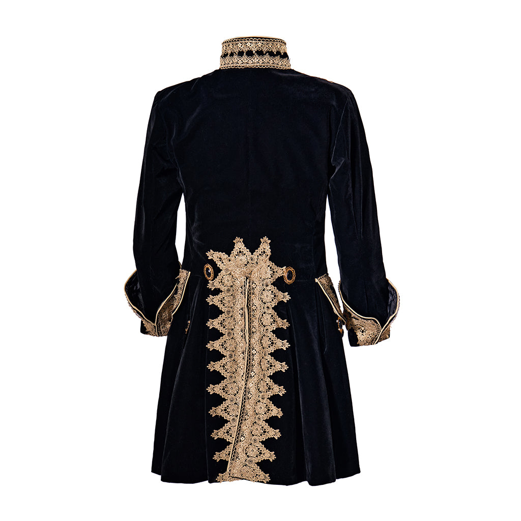 Medieval Regal Black Long Coat with Elaborate Gold Trim Detailing for Historical Reenactments Cosplay Events Halloween Christmas