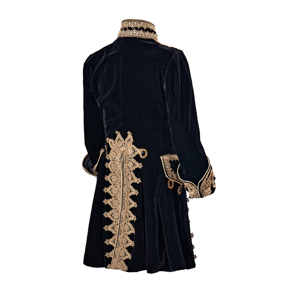 Medieval Regal Black Long Coat with Elaborate Gold Trim Detailing for Historical Reenactments Cosplay Events Halloween Christmas