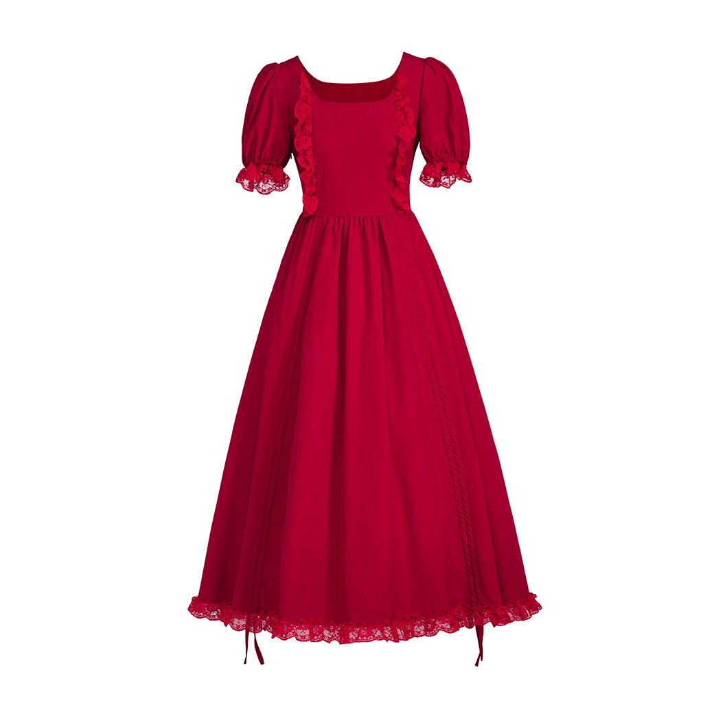 Medieval Style Red Square Necked Puff Sleeved Maxi Dress with Lace Trimmed Hem for Historical Reenactments Halloween Christmas