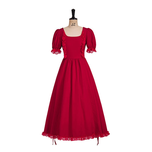 Medieval Style Red Square Necked Puff Sleeved Maxi Dress with Lace Trimmed Hem for Historical Reenactments Halloween Christmas