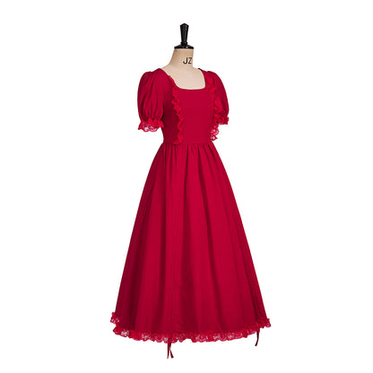 Medieval Style Red Square Necked Puff Sleeved Maxi Dress with Lace Trimmed Hem for Historical Reenactments Halloween Christmas