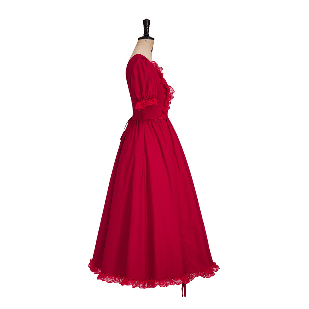 Medieval Style Red Square Necked Puff Sleeved Maxi Dress with Lace Trimmed Hem for Historical Reenactments Halloween Christmas
