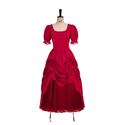 Medieval Style Red Square Necked Puff Sleeved Maxi Dress with Lace Trimmed Hem for Historical Reenactments Halloween Christmas