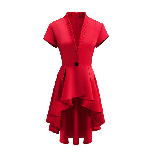 Victorian Red V Neck Short Sleeve Tiered Gown for Historical Reenactments Victorian Themed Events Costume Parties Halloween and Christmas