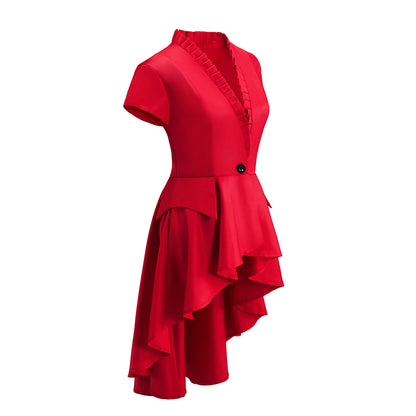 Victorian Red V Neck Short Sleeve Tiered Gown for Historical Reenactments Victorian Themed Events Costume Parties Halloween and Christmas